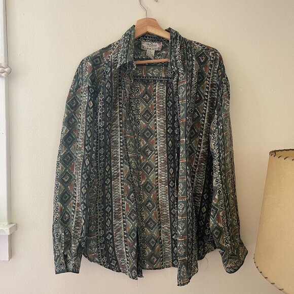 Western Style Silk Patterned Shirt, Size L - Picture 4 of 5